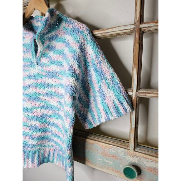 Vintage Crochet Lattice Split Collared Short Sleeve Sweater size Medium - Picture 6 of 8